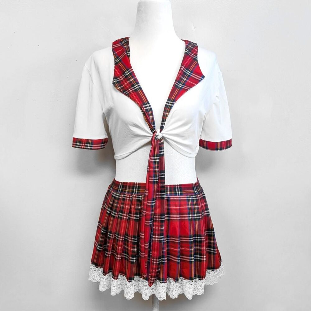 Red & White Plaid Sailor Matching Crop Top & Mini Skirt Set | Size M